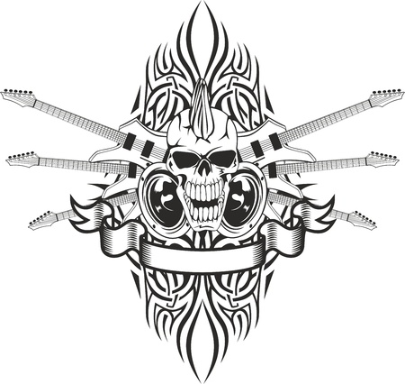 Vector image of a human skull with the crossed guitars and patternのイラスト素材