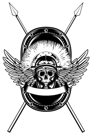 image skull in helmet  and shield and crossed spears   のイラスト素材