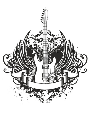 Vector image guitar with wings, patterns and ribbonのイラスト素材
