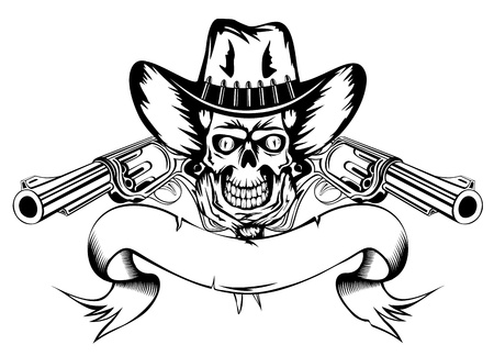 Vector  illustration human skull in cowboy's hat and two revolversのイラスト素材