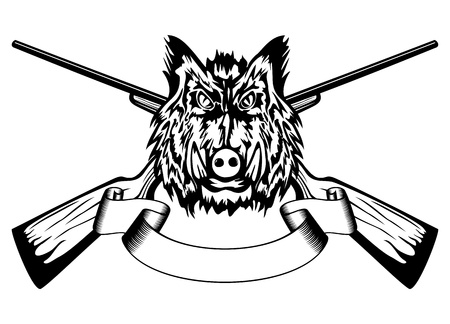 Vector  illustration head wild boar and crossed gunsのイラスト素材