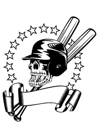 illustration skull in baseball helmet, bats, stars and banerのイラスト素材