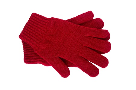 Red knitted gloves isolated on white backgroundの写真素材