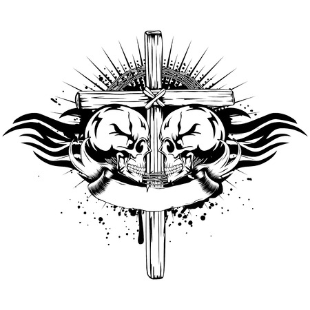 Vector illustration two human skulls cross and tribal wingsのイラスト素材
