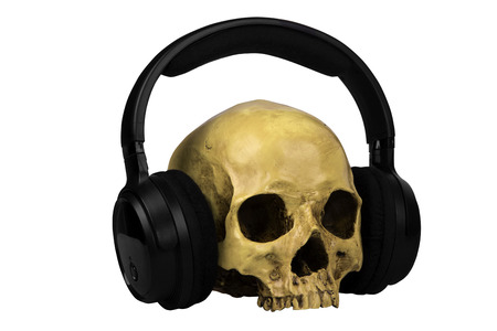 Human skull with earphones isolated on white backgroundの写真素材