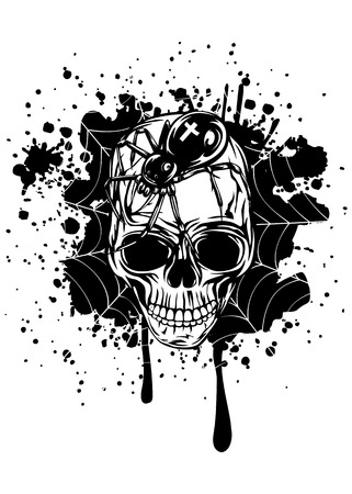 Abstract vector illustration human skull with spider and webのイラスト素材