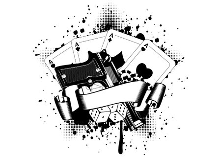 Grunge background pistols and playing cards dice chipsのイラスト素材