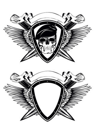 Abstract vector illustration shield crossed knives and skull in beretのイラスト素材