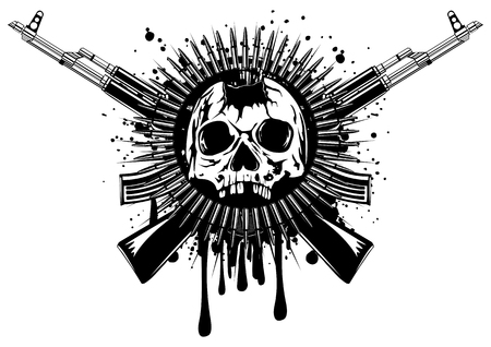 Abstract illustration punched skull with crossed machine gun and ammunitionのイラスト素材