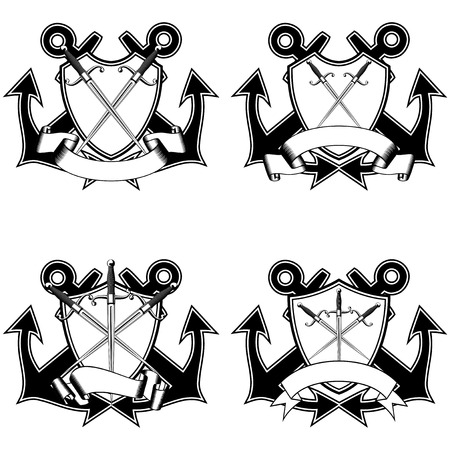 Vector illustration two crossed anchors, shield with ribbon and marine daggers.のイラスト素材