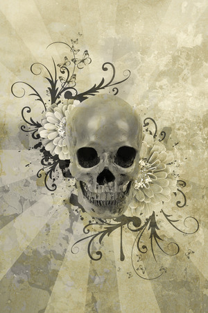 Skull with flowers and patterns on a grunge backgroundの写真素材