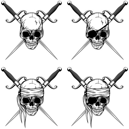Vector illustration pirate skull with cutlass set. Skull with a bandage on his head and withoutのイラスト素材