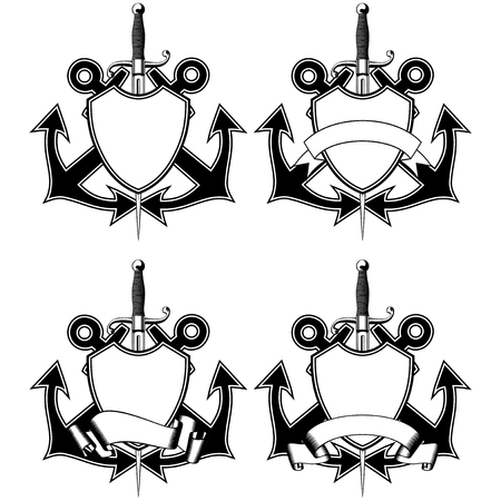 Vector illustration two crossed anchors, shield with ribbon and marine dagger.のイラスト素材