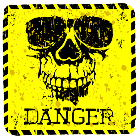 Abstract vector illustration square yellow grunge symbol skull with lettering dangerのイラスト素材