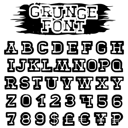 Abstract vector black grunge font. English letters and numbers and currency symbols for your designs.のイラスト素材