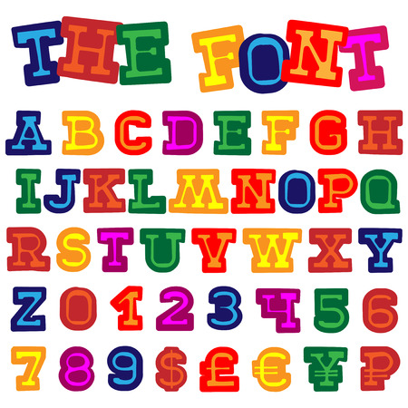 Multicolored vector cartoon font. English letters and numbers for holiday design.のイラスト素材