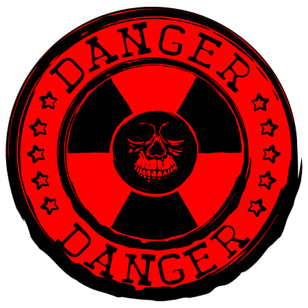 Vector illustration red stamp with radioactivity sign and inscription danger. In center of radiation symbol abstract grunge skullのイラスト素材
