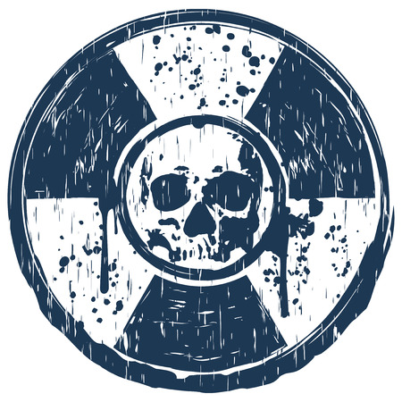 Vector illustration blue old dirty round radiation sign and abstract grunge skullのイラスト素材