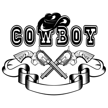 Vector illustration cowboy hat and crossed revolvers. Lettering cowboy.のイラスト素材