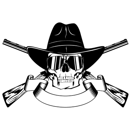 Vector illustration skull with sunglasses in cowboy hat and crossed rifles.のイラスト素材