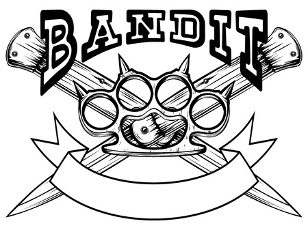 Vector illustration two crossed knifes and brass knuckle. Inscription bandit. For tattoo or t-shirt design.のイラスト素材