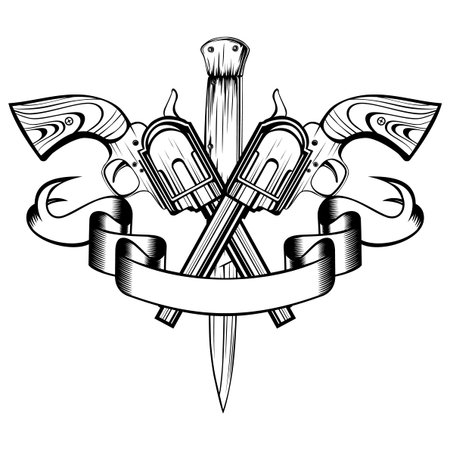 Vector illustration crossed revolvers and knife. For tattoo or t-shirt design.のイラスト素材