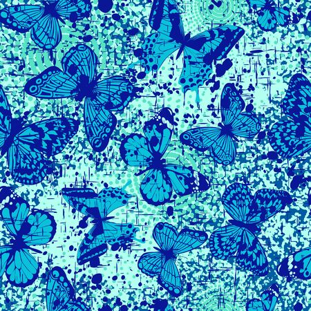 Vector illustration seamless blue grunge background with abstract butterfly for print on textile or paperのイラスト素材
