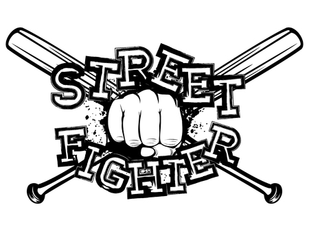 Vector illustration crossed bats and fist. Inscription street fighter. For tattoo or t-shirt design.のイラスト素材