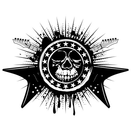 Vector illustration grunge skull stamp with stars and crossed guitars on dirty background. Hard rock sign. Design for t-shirt or poster printのイラスト素材