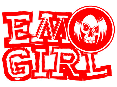 Vector illustration red inscription emo girl on white background and skull with hair. Design for print on t-shirt.のイラスト素材