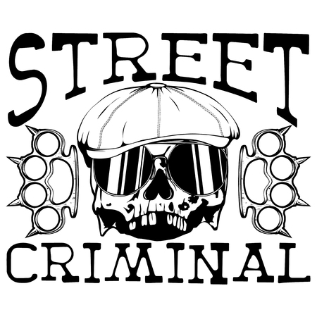 Vector illustration skull in cap with sunglasses and two brass knuckles. Inscription street criminal. For tattoo or t-shirt design.のイラスト素材