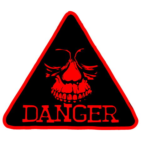 Vector illustration red triangular sign with letterind danger and abstract skullのイラスト素材