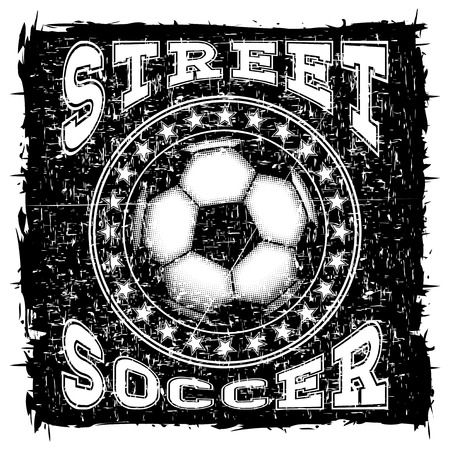 Abstract vector illustration scratched black and white football ball with stars and inscription street soccer. Design for print on fabric or t-shirt.のイラスト素材
