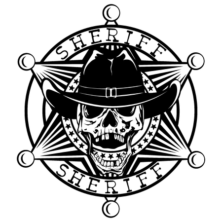 Vector illustration skull in cowboy hat on sheriff star. Lettering sheriff.のイラスト素材