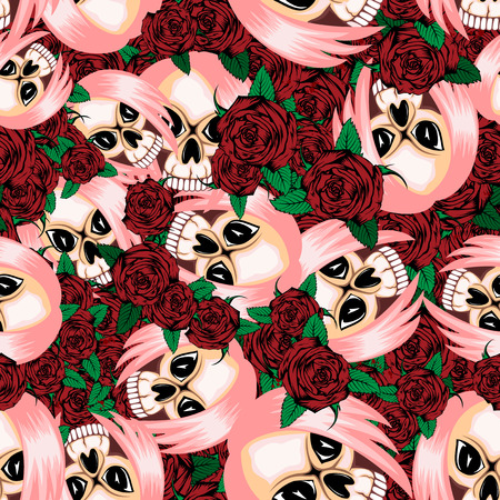 Vector color illustration skull girl with hair and roses. Seamless pattern. For t-shirt design or print on textile.のイラスト素材