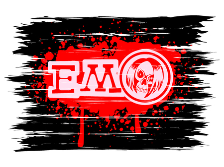 Vector illustration inscription emo and skull with hair on grunge background. Design for print on t-shirt.のイラスト素材