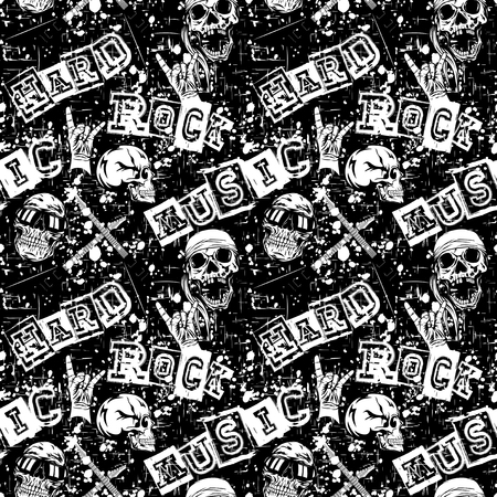 Abstract vector illustration hard rock seamless grunge background. Skull in sunglasses or bandana. Hand with gesture rock. Inscription hard rock music. Design for print on fabric or t-shirt.のイラスト素材