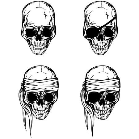 Vector illustration pirate skull set. Skull with a bandage on his head and withoutのイラスト素材