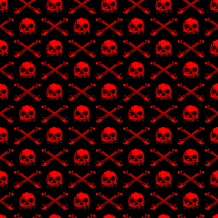 Abstract vector illustration red skulls on dark backdrop. Seamless background for print on fabric or t-shirt.のイラスト素材