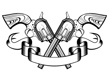 Vector illustration two crossed revolvers and banner. For tattoo or t-shirt design.のイラスト素材