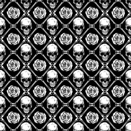 Abstract vector illustration white skulls and roses on black backdrop. Seamless background for print on fabric or t-shirt.のイラスト素材