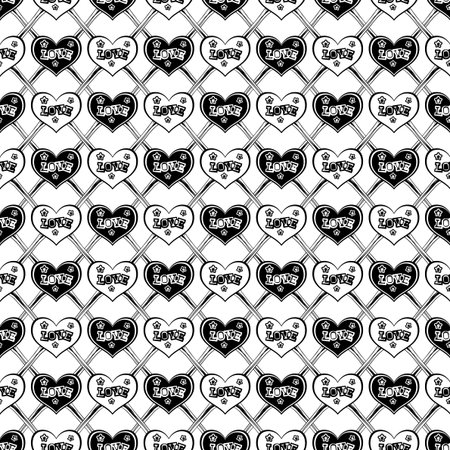 Vector illustration hearts with inscription love on white backdrop. Seamless background. For t-shirt design or print on textile.のイラスト素材