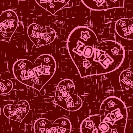 Vector illustration scratched hearts with inscription love. Seamless background. For t-shirt design or print on textile.のイラスト素材