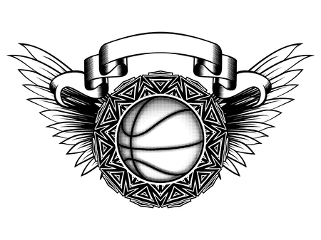 Abstract vector illustration black and white basketball ball on round ornament and wings. Design for tattoo or print t shirt.のイラスト素材