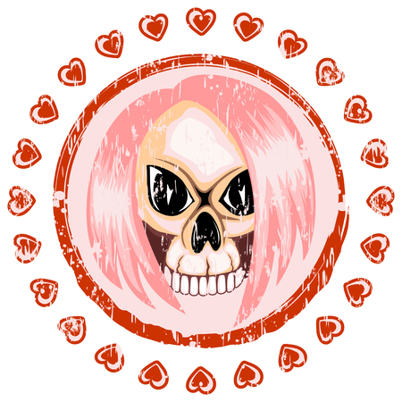 Vector illustration scratched stamp emo girl skull with hair and hearts. For t-shirt design.のイラスト素材