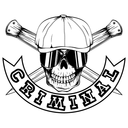 Vector illustration skull in cap with sunglasses and crossed knifes. Inscription criminal. For tattoo or t-shirt design.のイラスト素材