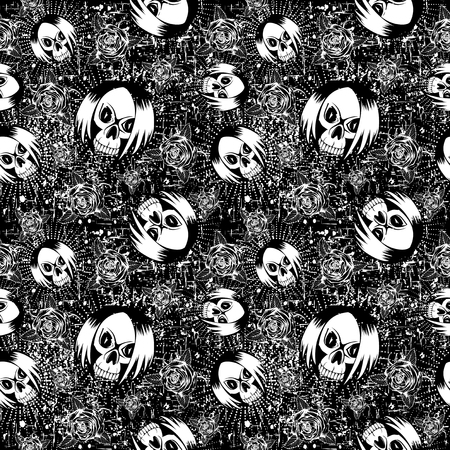 Vector black and white illustration skull girl with hair and roses on grunge backdrop. Seamless background. For t-shirt design or print on textile.のイラスト素材