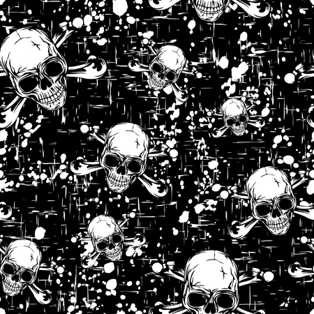 Abstract vector illustration black and white seamless background with skulls and bones. Design for print on fabric or t-shirt.のイラスト素材