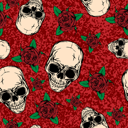 A Vector illustration abstract grunge color background with skulls and roses for cloth or card.のイラスト素材