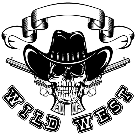 Vector illustration cowboy skull in hat and two revolvers. Lettering wild west.のイラスト素材